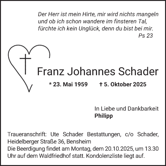 Traueranzeige von Franz Johannes Schader von Bergsträßer Anzeiger