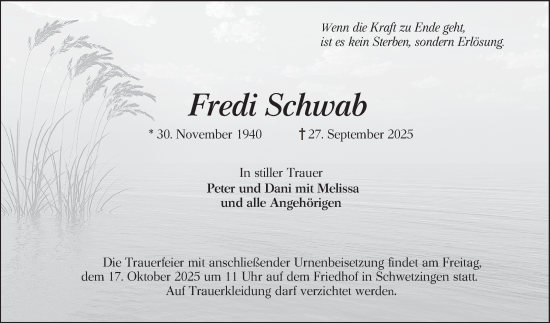 Traueranzeige von Fredi Schwab von Schwetzinger Zeitung