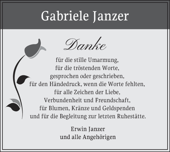 Traueranzeige von Gabriele Janzer von Schwetzinger Zeitung