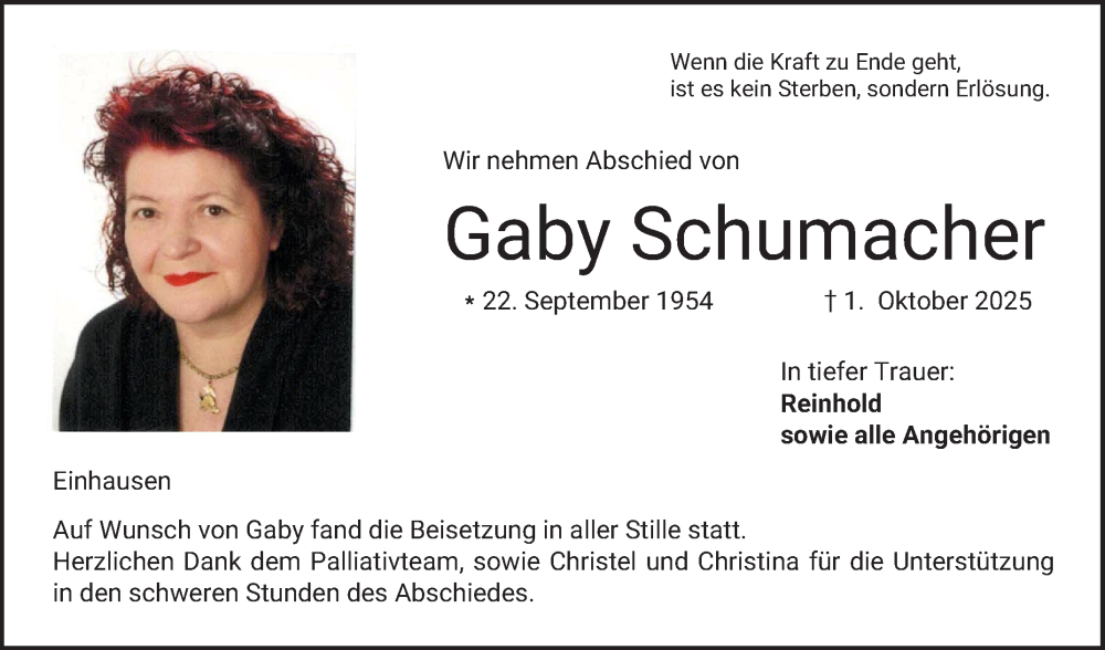  Traueranzeige für Gaby Schumacher vom 18.10.2025 aus Bergsträßer Anzeiger