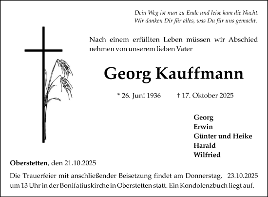 Traueranzeige von Georg Kauffmann von Fränkische Nachrichten
