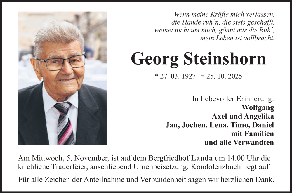  Traueranzeige für Georg Steinshorn vom 31.10.2025 aus Fränkische Nachrichten