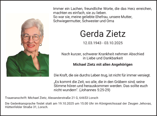 Traueranzeige von Gerda Zietz von Bergsträßer Anzeiger