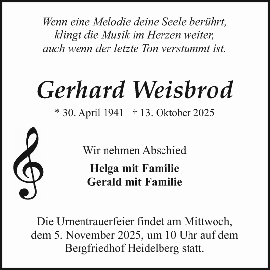 Traueranzeige von Gerhard Weisbrod von Schwetzinger Zeitung