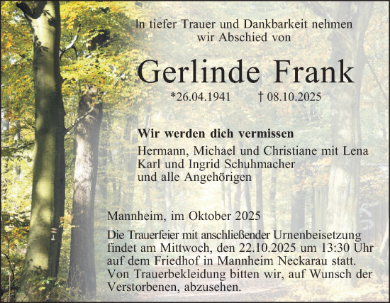 Traueranzeige von Gerlinde Frank von Mannheimer Morgen
