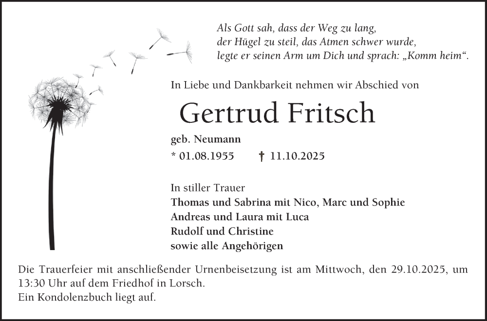  Traueranzeige für Gertrud Fritsch vom 25.10.2025 aus Bergsträßer Anzeiger