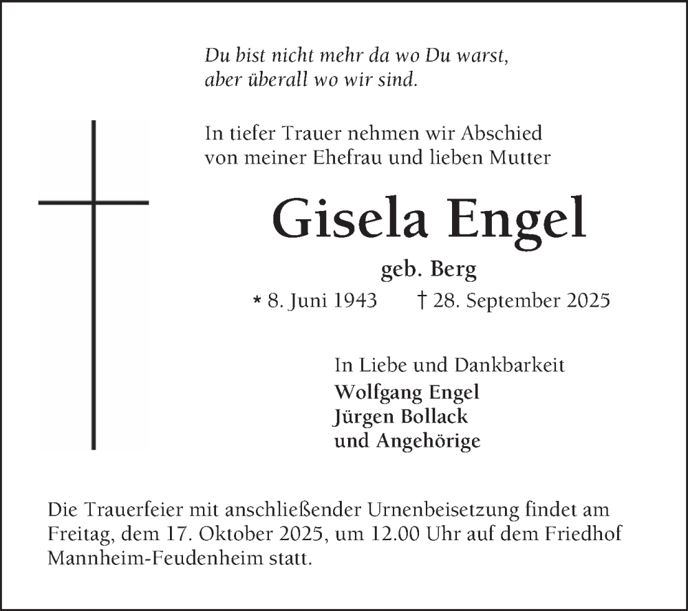  Traueranzeige für Gisela Engel vom 11.10.2025 aus Mannheimer Morgen