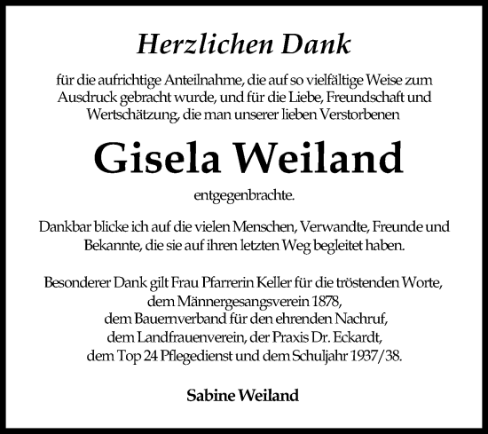 Traueranzeige von Gisela Weiland von Mannheimer Morgen