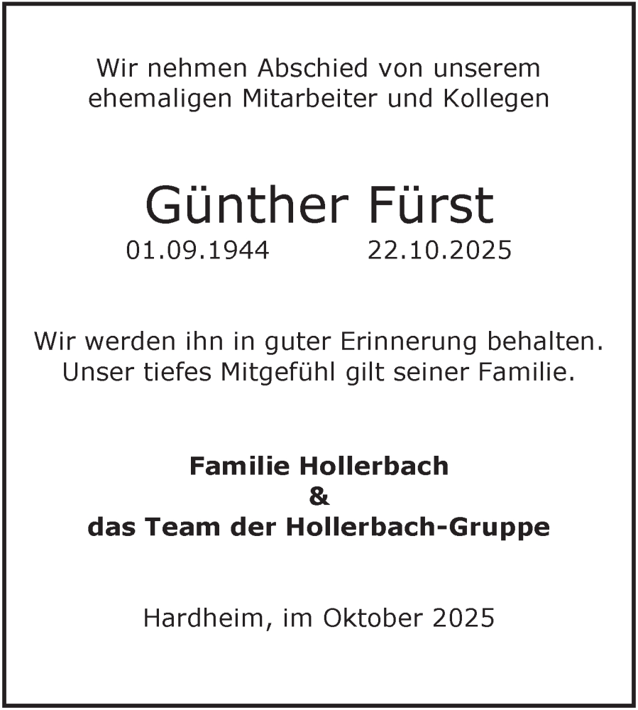  Traueranzeige für Günther Fürst vom 30.10.2025 aus Fränkische Nachrichten