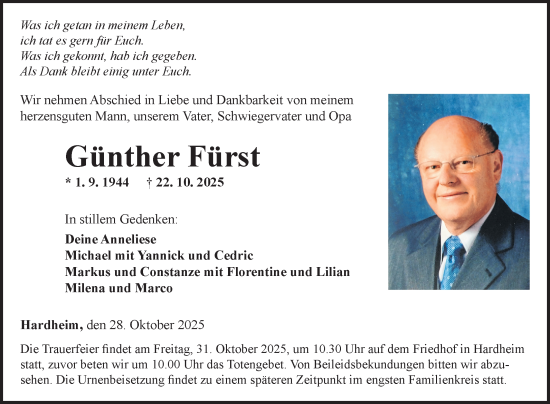 Traueranzeige von Günther Fürst von Fränkische Nachrichten