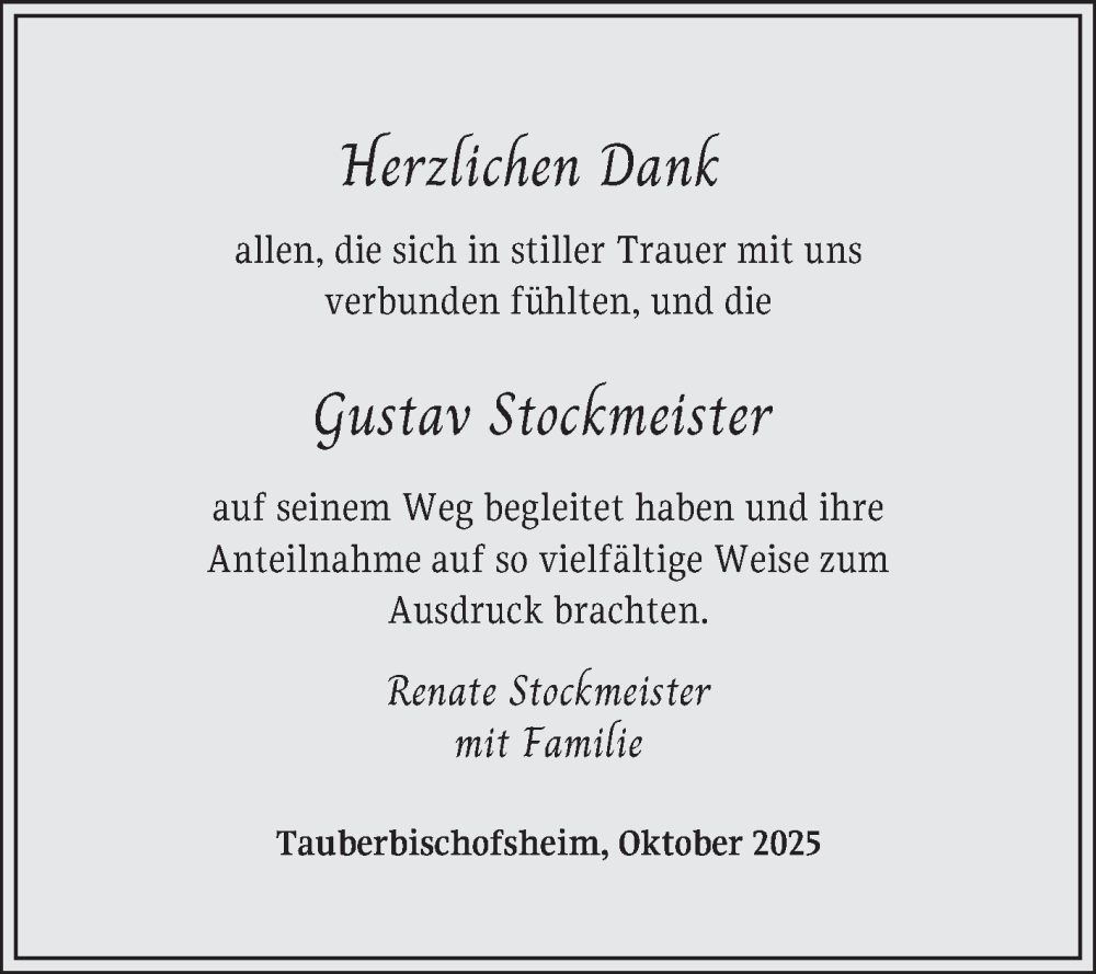  Traueranzeige für Gustav Stockmeister vom 18.10.2025 aus Fränkische Nachrichten