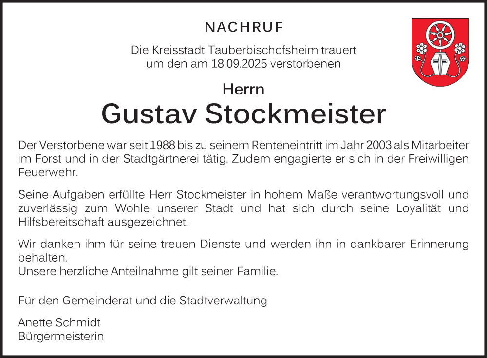  Traueranzeige für Gustav Stockmeister vom 15.10.2025 aus Fränkische Nachrichten