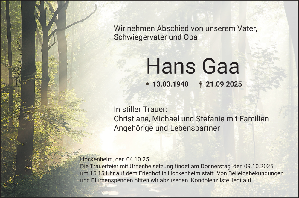  Traueranzeige für Hans Gaa vom 04.10.2025 aus Schwetzinger Zeitung