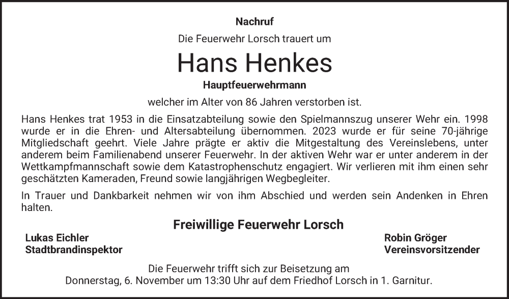  Traueranzeige für Hans Henkes vom 31.10.2025 aus Bergsträßer Anzeiger