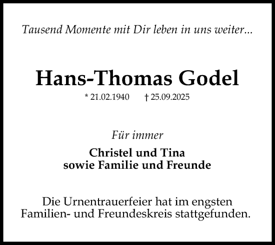 Traueranzeige von Hans-Thomas Godel von Mannheimer Morgen