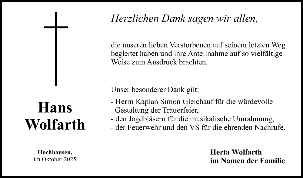  Traueranzeige für Hans Wolfarth vom 31.10.2025 aus Fränkische Nachrichten