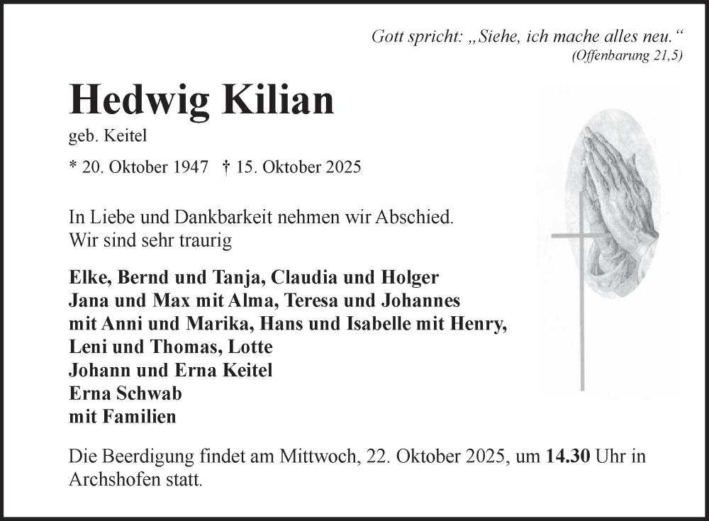  Traueranzeige für Hedwig Kilian vom 18.10.2025 aus Fränkische Nachrichten