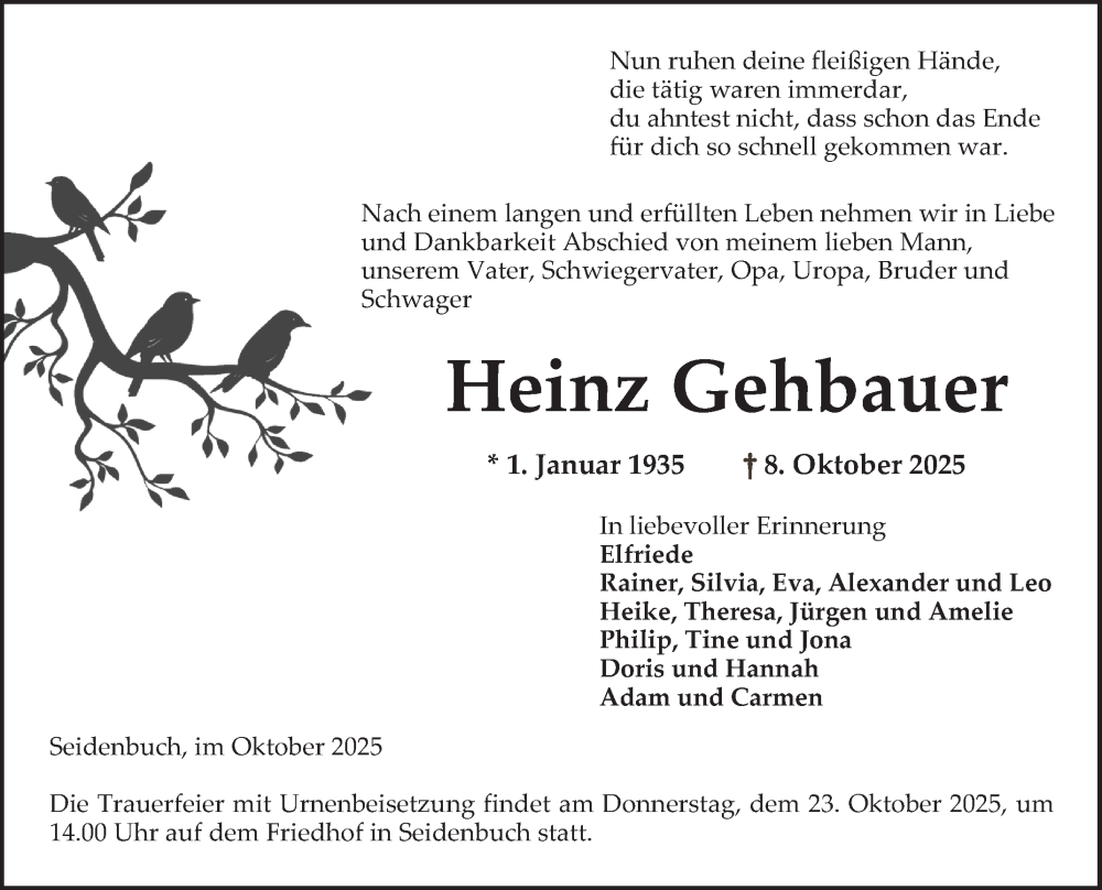  Traueranzeige für Heinz Gehbauer vom 18.10.2025 aus Bergsträßer Anzeiger