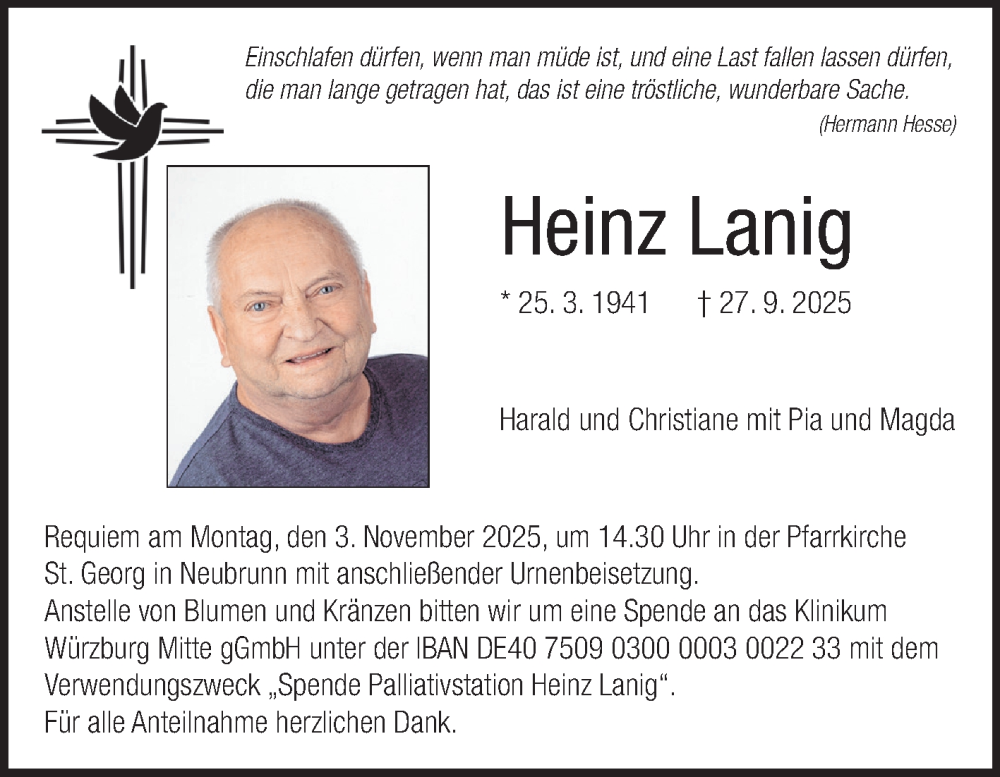  Traueranzeige für Heinz Lanig vom 30.10.2025 aus Fränkische Nachrichten