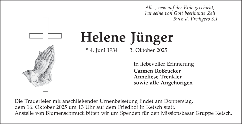  Traueranzeige für Helene Jünger vom 11.10.2025 aus Schwetzinger Zeitung