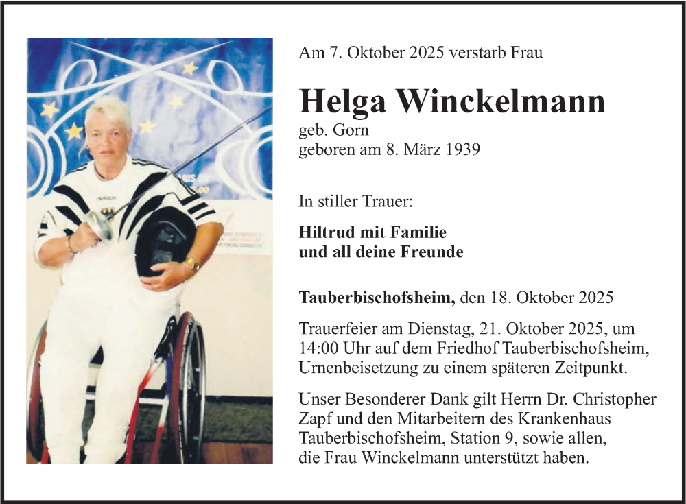  Traueranzeige für Helga Winckelmann vom 18.10.2025 aus Fränkische Nachrichten