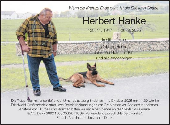 Traueranzeige von Herbert Hanke von Fränkische Nachrichten