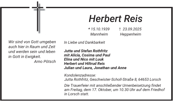 Traueranzeige von Herbert Reis von Bergsträßer Anzeiger