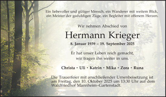 Traueranzeige von Hermann Krieger von Mannheimer Morgen