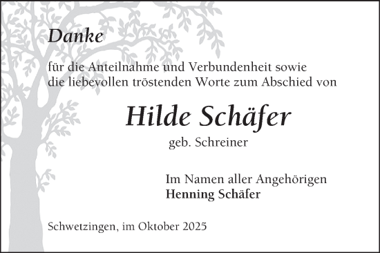 Traueranzeige von Hilde Schäfer von Schwetzinger Zeitung