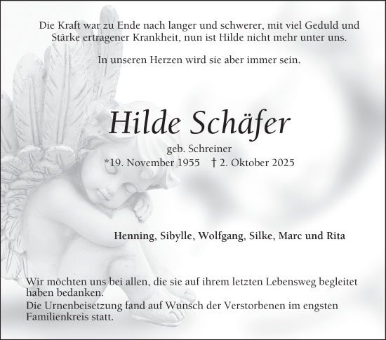 Traueranzeige von Hilde Schäfer von Schwetzinger Zeitung