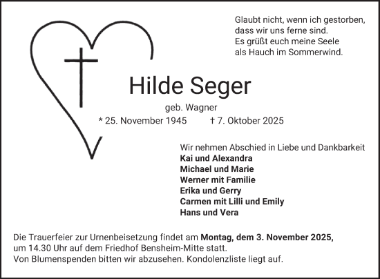 Traueranzeige von Hilde Seger von Bergsträßer Anzeiger
