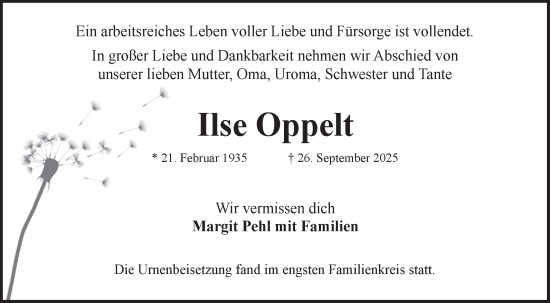Traueranzeige von Ilse Oppelt von Fränkische Nachrichten