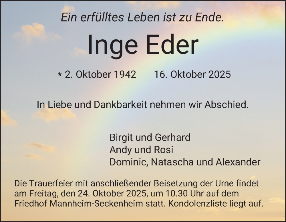  Traueranzeige für Inge Eder vom 21.10.2025 aus Mannheimer Morgen