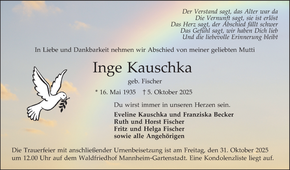  Traueranzeige für Inge Kauschka vom 18.10.2025 aus Mannheimer Morgen