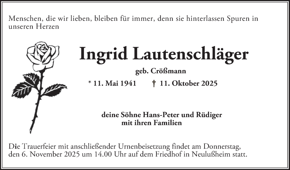  Traueranzeige für Ingrid Lautenschläger vom 31.10.2025 aus Schwetzinger Zeitung