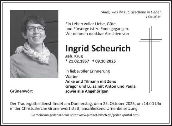Traueranzeige von Ingrid Scheurich von Fränkische Nachrichten