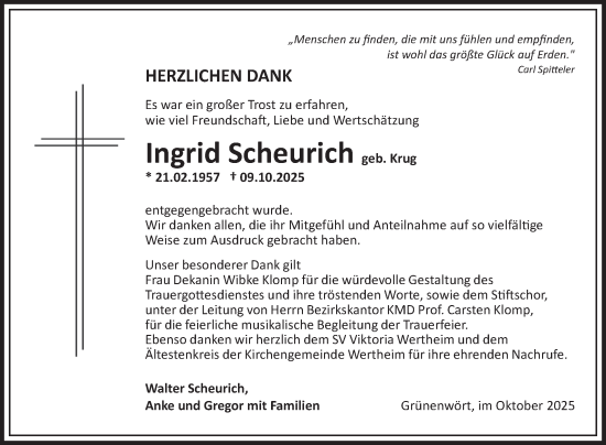 Traueranzeige von Ingrid Scheurich von Fränkische Nachrichten