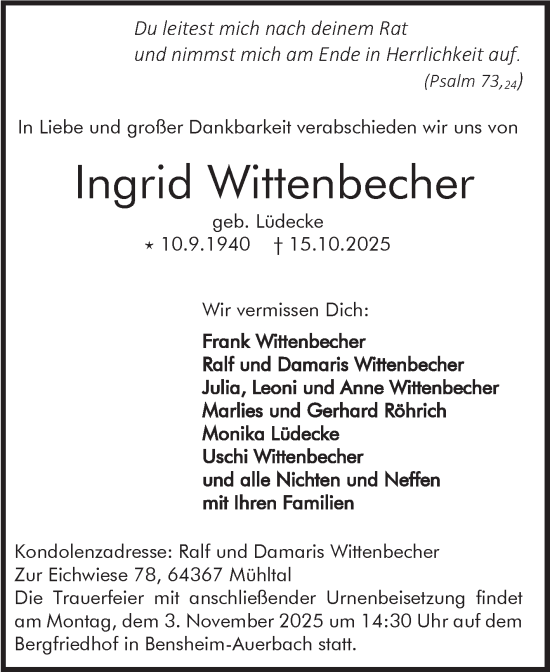 Traueranzeige von Ingrid Wittenbecher von Bergsträßer Anzeiger
