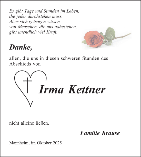 Traueranzeige von Irma Kettner von Mannheimer Morgen