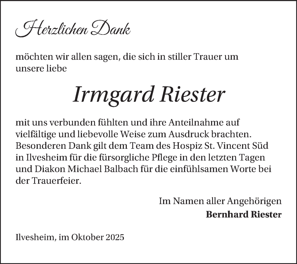 Traueranzeige für Irmgard Riester vom 11.10.2025 aus Mannheimer Morgen