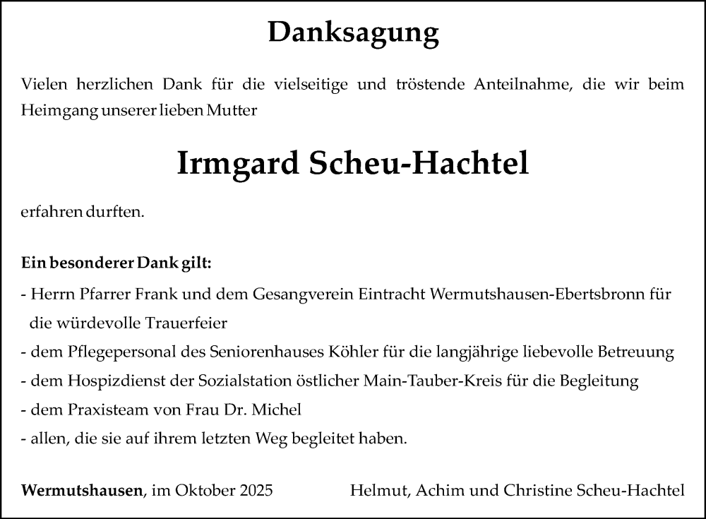  Traueranzeige für Irmgard Scheu-Hachtel vom 18.10.2025 aus Fränkische Nachrichten
