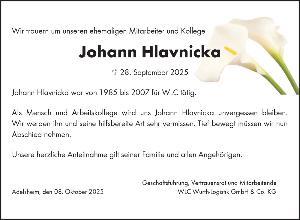  Traueranzeige für Johann Hlavnicka vom 08.10.2025 aus Fränkische Nachrichten