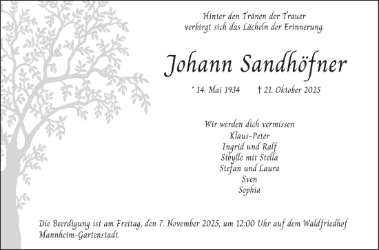 Traueranzeige von Johann Sandhöfner von Mannheimer Morgen
