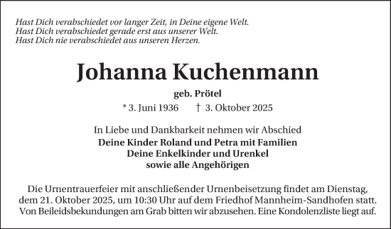 Traueranzeige von Johanna Kuchenmann von Mannheimer Morgen