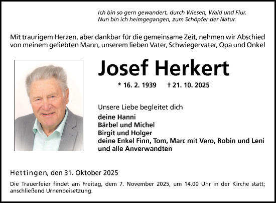Traueranzeige von Josef Herkert von Fränkische Nachrichten