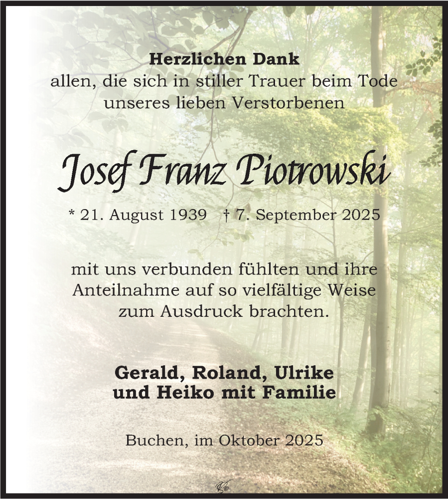  Traueranzeige für Josef Franz Piotrowski vom 11.10.2025 aus Fränkische Nachrichten