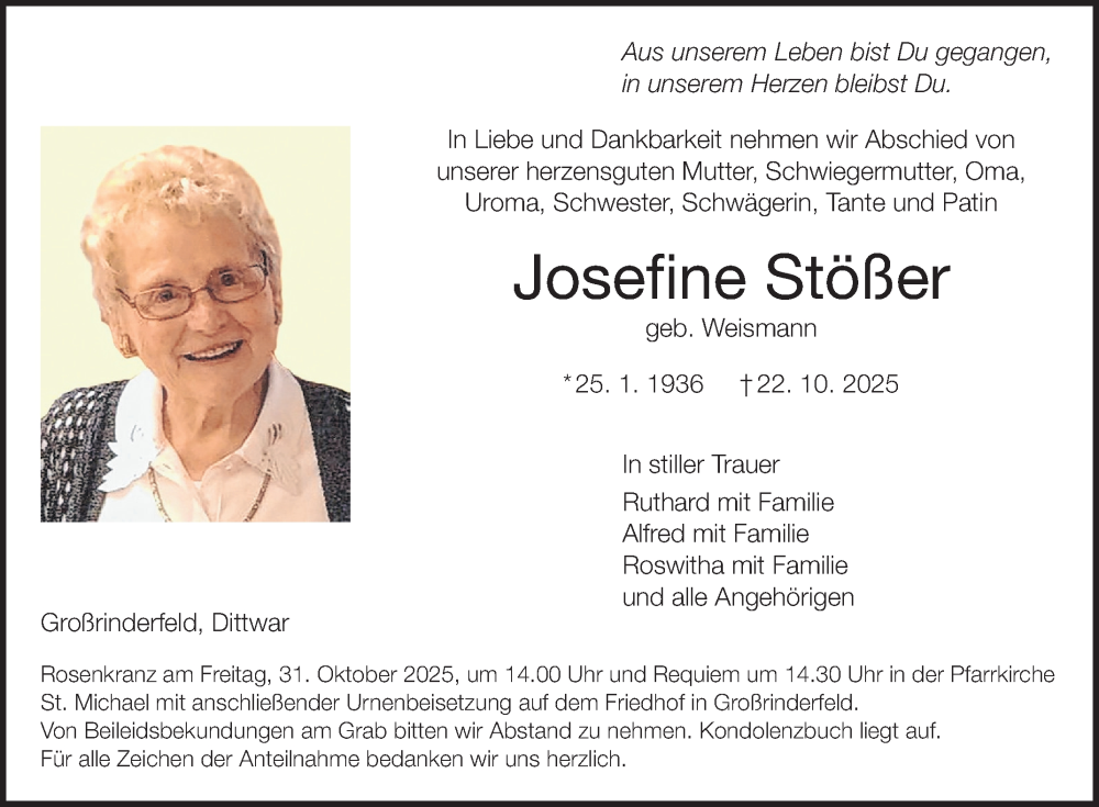  Traueranzeige für Josefine Stößer vom 25.10.2025 aus Fränkische Nachrichten