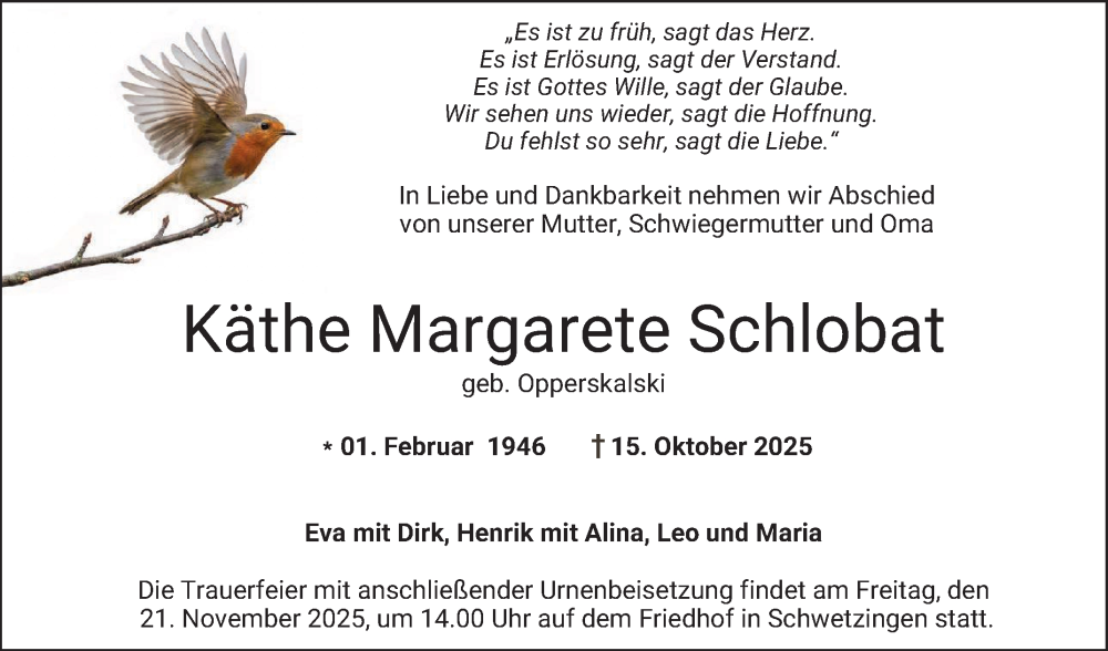  Traueranzeige für Käthe Margarete Schlobat vom 25.10.2025 aus Schwetzinger Zeitung