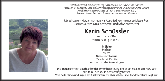 Traueranzeige von Karin Schüssler von Schwetzinger Zeitung