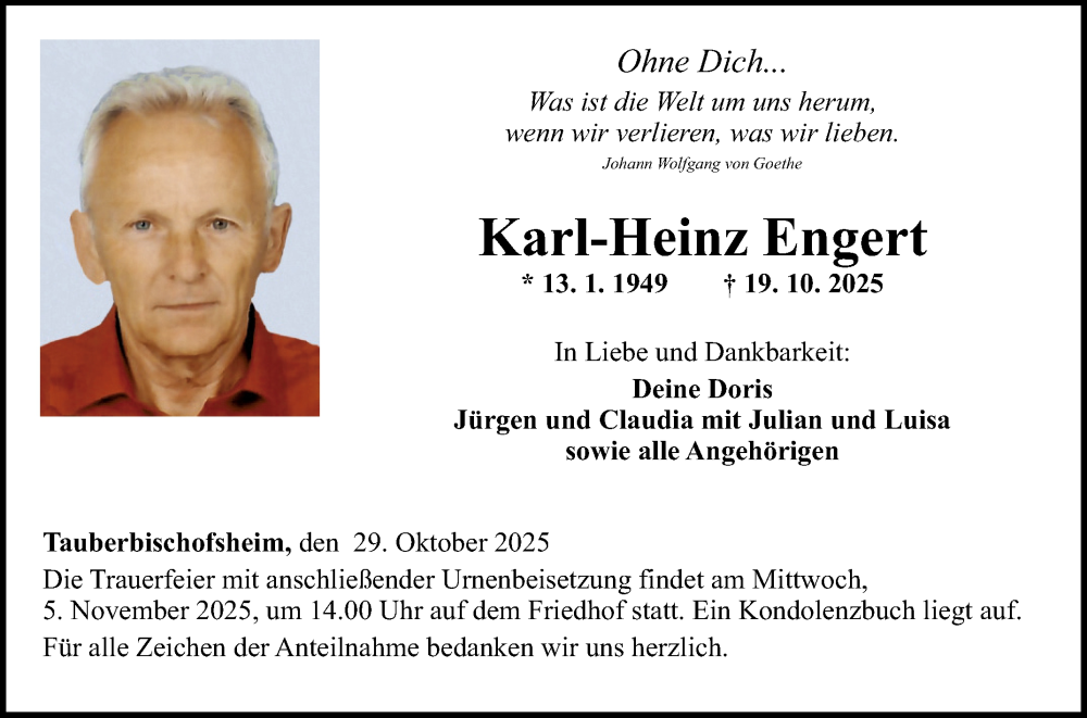  Traueranzeige für Karl-Heinz Engert vom 29.10.2025 aus Fränkische Nachrichten